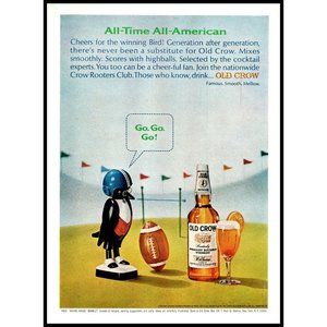 1965 Old Crow Bourbon Whiskey Vintage Print Ad Football Field Goal Wall Art